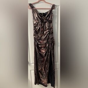 Loragal Elegant Bronze Metallic Off the Shoulder High Slit Dress
